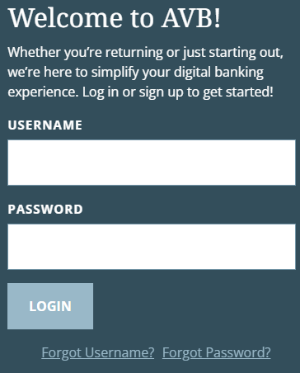 AVB Bank login screen with fields for username and password, a login button, and links for forgot username or password.